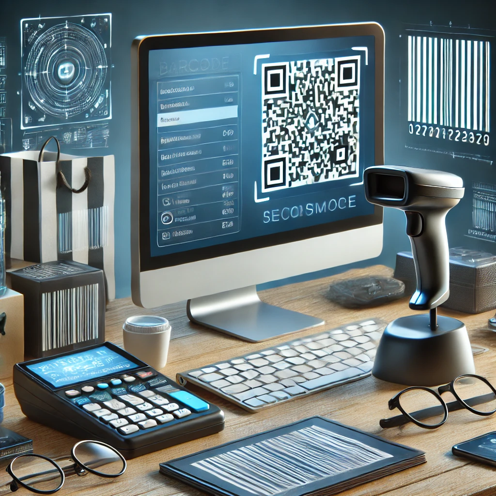 Modern digital business setup with barcodes, QR codes, a computer screen showing billing software, barcode scanner, and QR code reader.